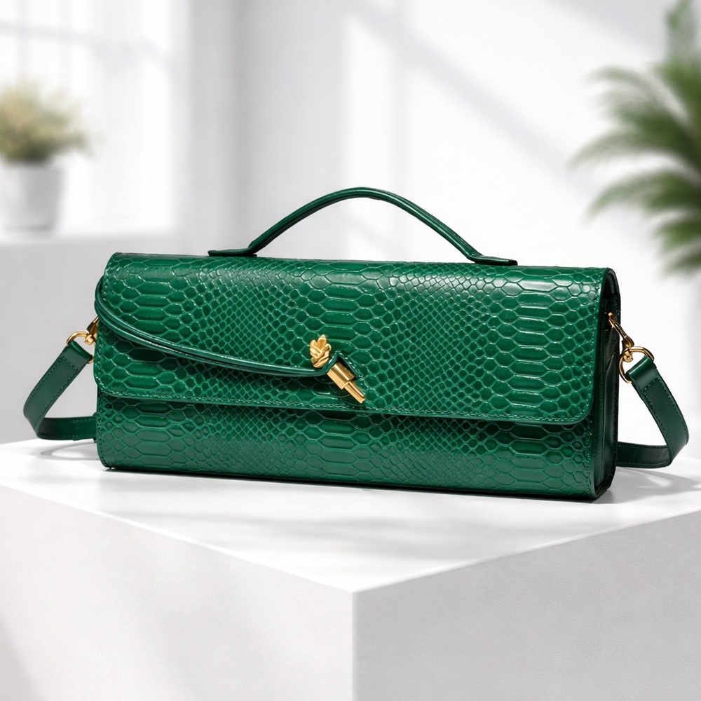Luxury Snake-Print Handbag in Emerald Green with Gold Lock Detail